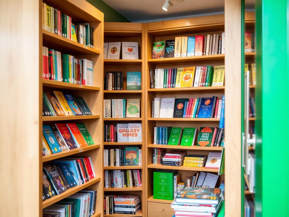 Book store shelves stocked with textbooks, exercise books and stationery