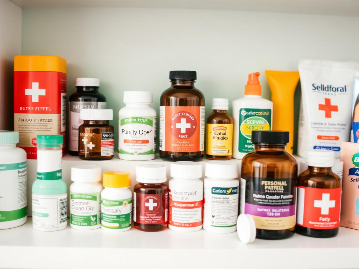 Shelf of over-the-counter medicines, vitamins and first aid supplies